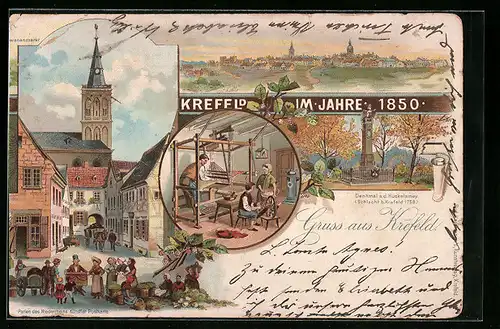 Lithographie Krefeld, Ortsansicht, Denkmal a. d. Hückelsmey