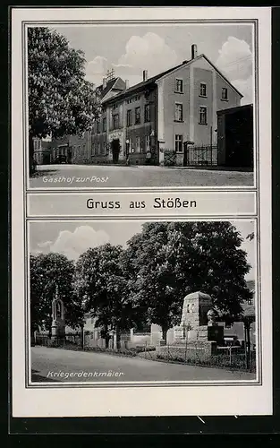 AK Stössen, Gasthof zur Post, Kriegerdenkmäler