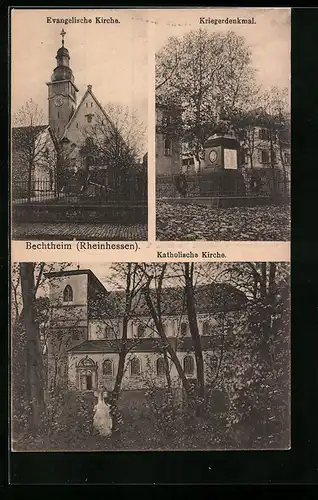 AK Bechtheim /Rheinhessen, Evangelische Kirche, Kriegerdenkmal, Katholische Kirche
