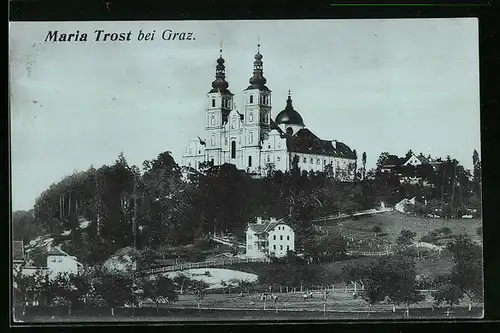 AK Maria Trost bei Graz, Ortspartie mit Wallfahrtskirche