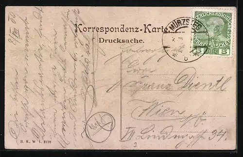 AK Mürzsteg, Ortspartie mit der hohen Veitsch und Feldweg