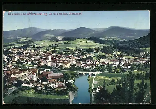 AK Mürzzuschlag, Teilansicht mit Bergen