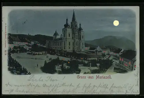 Mondschein-AK Mariazell, Blick auf Kirche