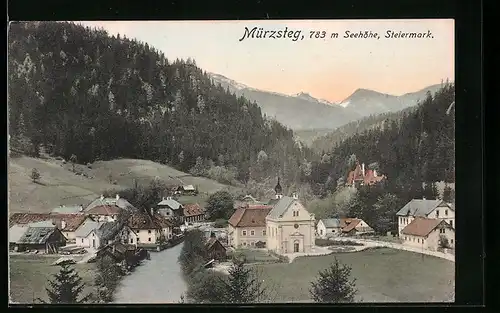 AK Mürzsteg, Ortsansicht mit Bergen