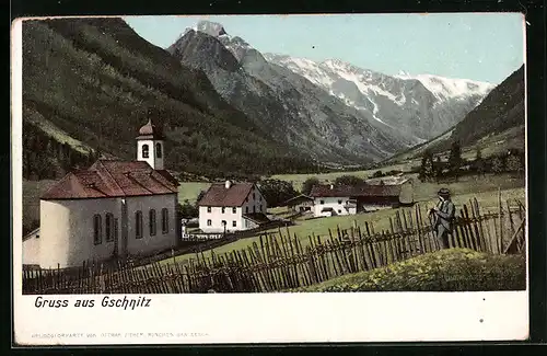 AK Gschnitz, Ortspartie mit Bergen