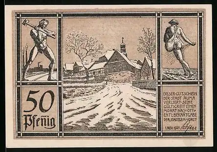 Notgeld Auma 1921, 50 Pfennig, Arbeiter und Sämann