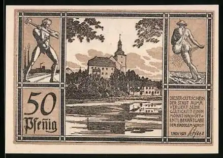 Notgeld Auma 1921, 50 Pfennig, Arbeiter und Sämann, Schloss