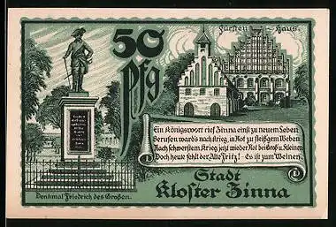 Notgeld Zinna 1921, 50 Pfennig, Kloster, Denkmal Friedrich der Grosse