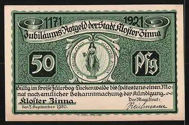 Notgeld Zinna 1921, 50 Pfennig, Kloster, Denkmal Friedrich der Grosse