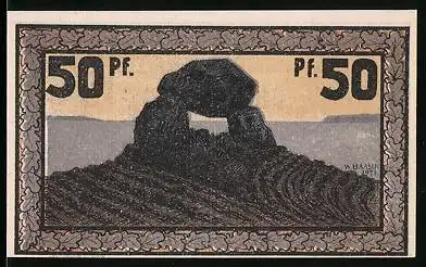 Notgeld Eckernförde 1921, 50 Pfennig, Hünengrab, Windmühle