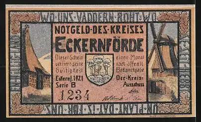 Notgeld Eckernförde 1921, 50 Pfennig, Hünengrab, Windmühle