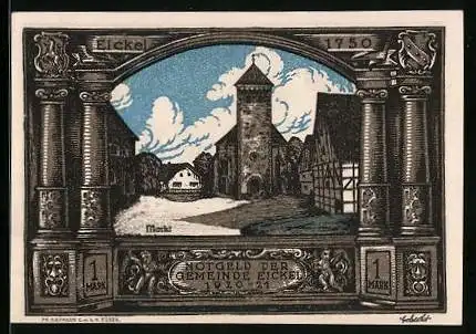 Notgeld Eickel 1921, 1 Mark, Markt mit Kirche