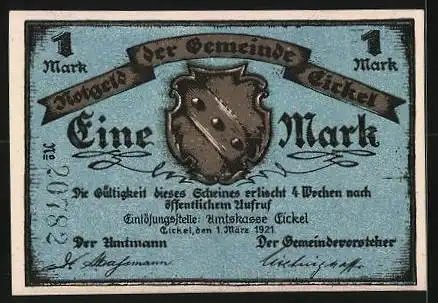 Notgeld Eickel 1921, 1 Mark, Markt mit Kirche