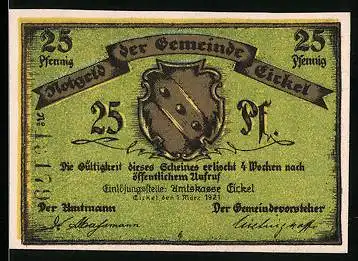 Notgeld Eickel 1921, 25 Pfennig, Wappen, Haus Bönninghausen