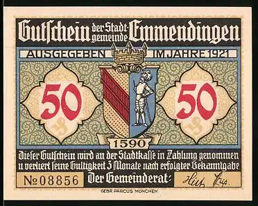 Notgeld Emmendingen 1921, 50 Pfennig, Wappen, Stadtmauer u. Steg anch Schlossers Park