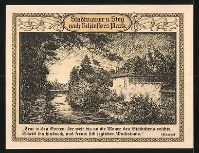 Notgeld Emmendingen 1921, 50 Pfennig, Wappen, Stadtmauer u. Steg anch Schlossers Park