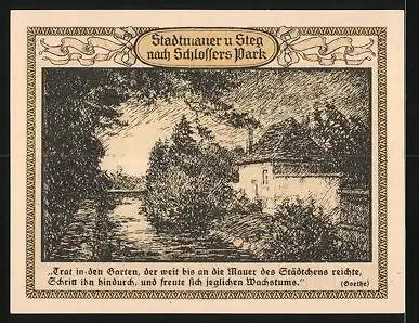 Notgeld Emmendingen 1921, 50 Pfennig, Wappen, Stadtmauer und Steg nach Schlossers Park