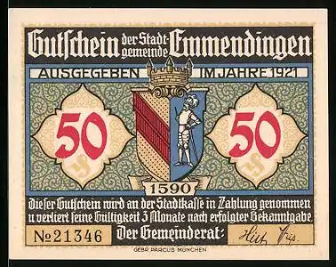 Notgeld Emmendingen 1921, 50 Pfennig, Wappen, Marktplatz mit altem Brunnen