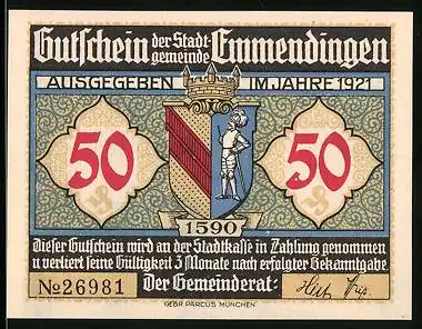 Notgeld Emmendingen 1921, 50 Pfennig, Wappen, Gasthaus zum Löwen