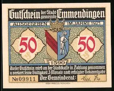 Notgeld Emmendingen 1921, 50 Pfennig, Wappen, Landsitz von Geheimrat Enderlin