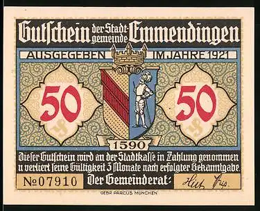 Notgeld Emmendingen 1921, 50 Pfennig, Wappen, Cornelias Grab