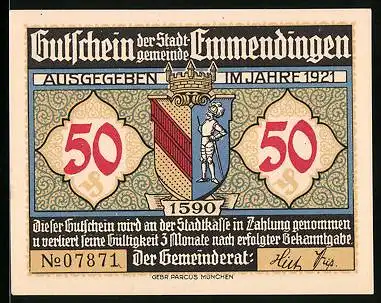 Notgeld Emmendingen 1921, 50 Pfennig, Wappen, Cornelias Grab