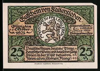 Notgeld Fallersleben 1920, 25 Pfennig, Wappen, Schloss, Amtsgericht u. Kirche