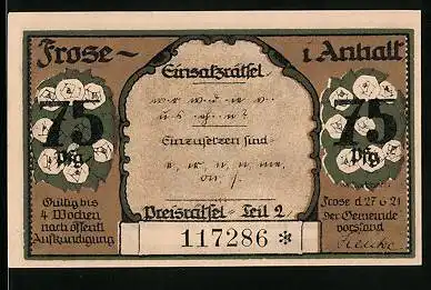 Notgeld Frose i. Anhalt 1921, 75 Pfennig, Einsatzrätsel