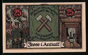 Notgeld Frose i. Anhalt 1921, 25 Pfennig, Bergmannszeichen, Wagen im Schacht