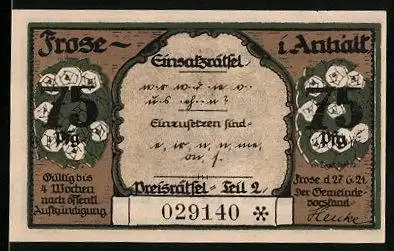 Notgeld Frose i. Anhalt 1921, 75 Pfennig, Einsatzrätsel