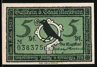Notgeld Merseburg 1921, 5 Pfennig, Rabe mit Ring, Heinrich I. der Finkler, Erfinder von Merseburg