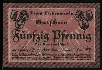 Notgeld Liebenwerda, 50 Pfennig, Wappen, Kreishaus