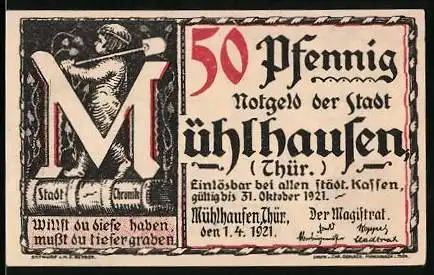 Notgeld Mühlhausen /Thür. 1921, 50 Pfennig, Kind mit Spaten