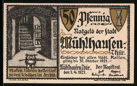 Notgeld Mühlhausen /Thür. 1921, 50 Pfennig, Keller mit Treppe und Eule