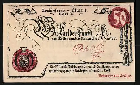 Notgeld Mühlhausen /Thür. 1921, 50 Pfennig, Keller mit Treppe und Eule