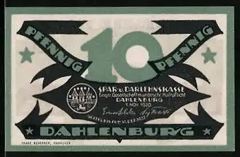Notgeld Dahlenburg 1920, 10 Pfennig, Wappen, Stadtsilhouette