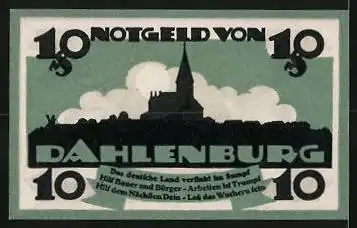 Notgeld Dahlenburg 1920, 10 Pfennig, Wappen, Stadtsilhouette