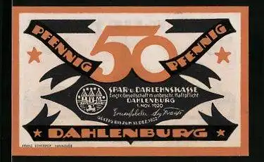 Notgeld Dahlenburg 1920, 50 Pfennig, Wappen, Stadtsilhouette