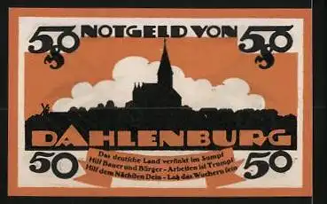 Notgeld Dahlenburg 1920, 50 Pfennig, Wappen, Stadtsilhouette