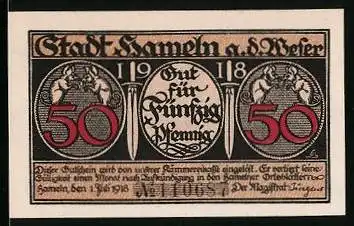 Notgeld Hameln a. d. Weser 1918, 50 Pfennig, Ratten und Schwerter, Rattenfänger mit Kindern