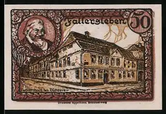 Notgeld Fallersleben 1920, 50 Pfennig, Portrait und Geburtshaus des Dichters