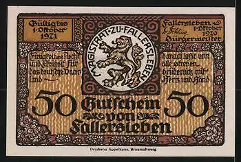 Notgeld Fallersleben 1920, 50 Pfennig, Portrait und Geburtshaus des Dichters