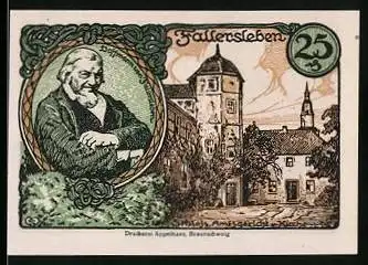 Notgeld Fallersleben 1920, 25 Pfennig, Hoffmann von Fallersleben, Schloss, Amtsgericht und Kirche