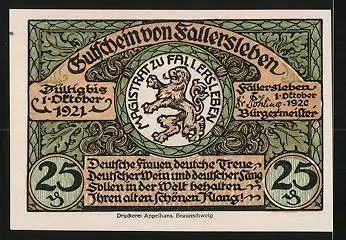 Notgeld Fallersleben 1920, 25 Pfennig, Hoffmann von Fallersleben, Schloss, Amtsgericht und Kirche