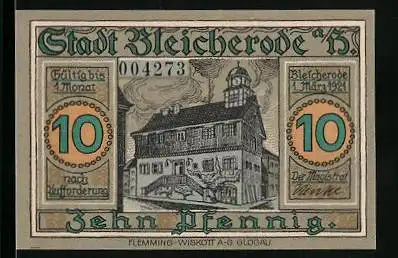 Notgeld Bleicherode a. H. 1921, 10 Pfennig, Rathaus