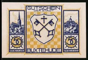 Notgeld Buxtehude, 50 Pfennig, Wappen, Kirche, Gebäudeansicht