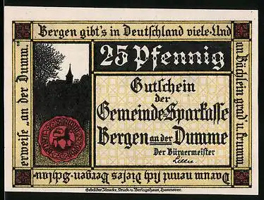 Notgeld Bergen an der Dumme 1922, 25 Pfennig, Schattenbild Kirche