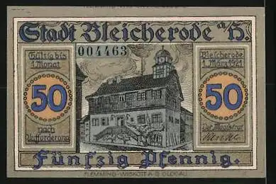 Notgeld Bleicherode a. H. 1921, 50 Pfennig, Stadtwappen, Rathaus