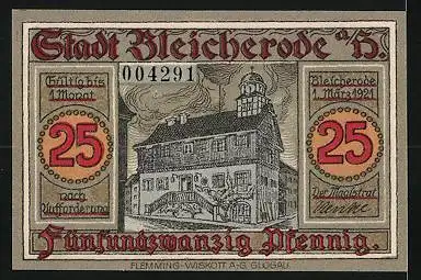 Notgeld Bleicherode a. H. 1921, 25 Pfennig, Stadtwappen, Rathaus