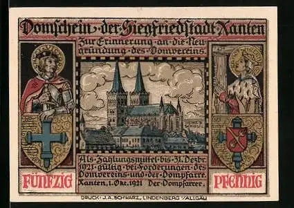 Notgeld Xanten 1921, 50 Pfennig, Zur Erinnerung an die Neugründung des Domvereins, Dom, Wappen, Sachsenkampf